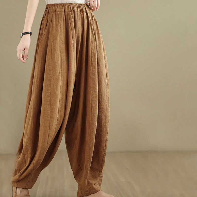 Buddha Stones Vintage Patchwork Lantern Design Cotton Linen Women's Wide Leg Pants With Pockets
