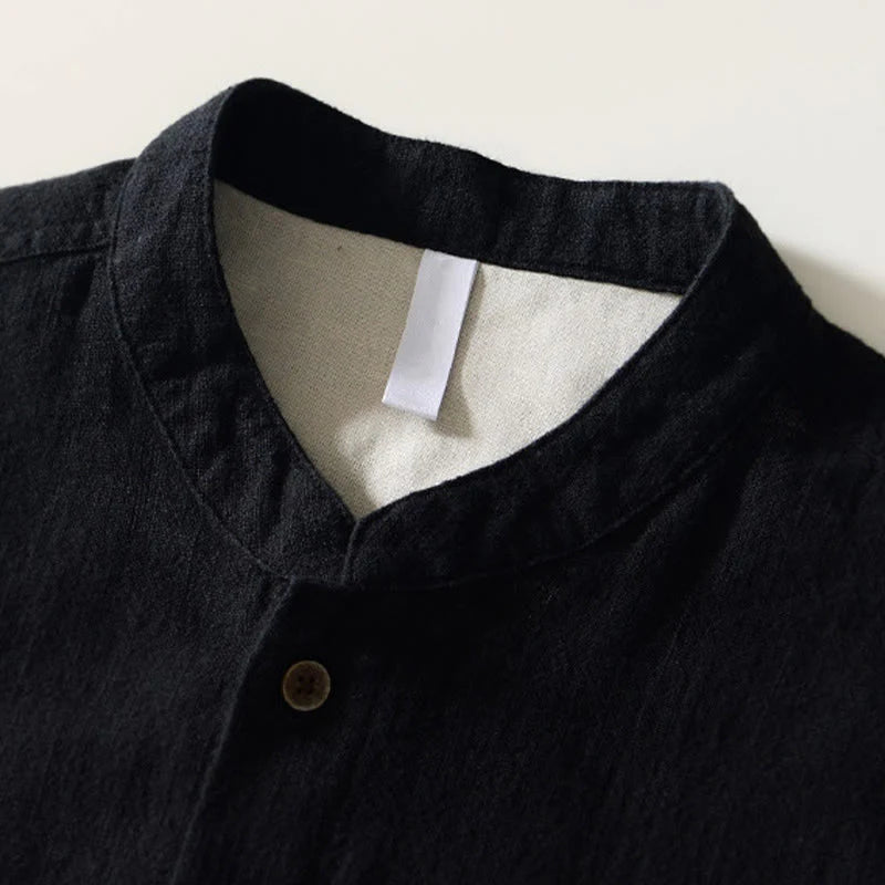 Buddha Stones Solid Color Men's Buttons Long Sleeve Cotton Linen Shirt With Pockets
