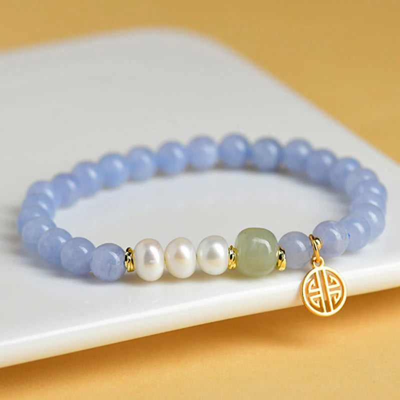 Buddha Stones Blue Chalcedony Pearl Beads Energy Bracelet