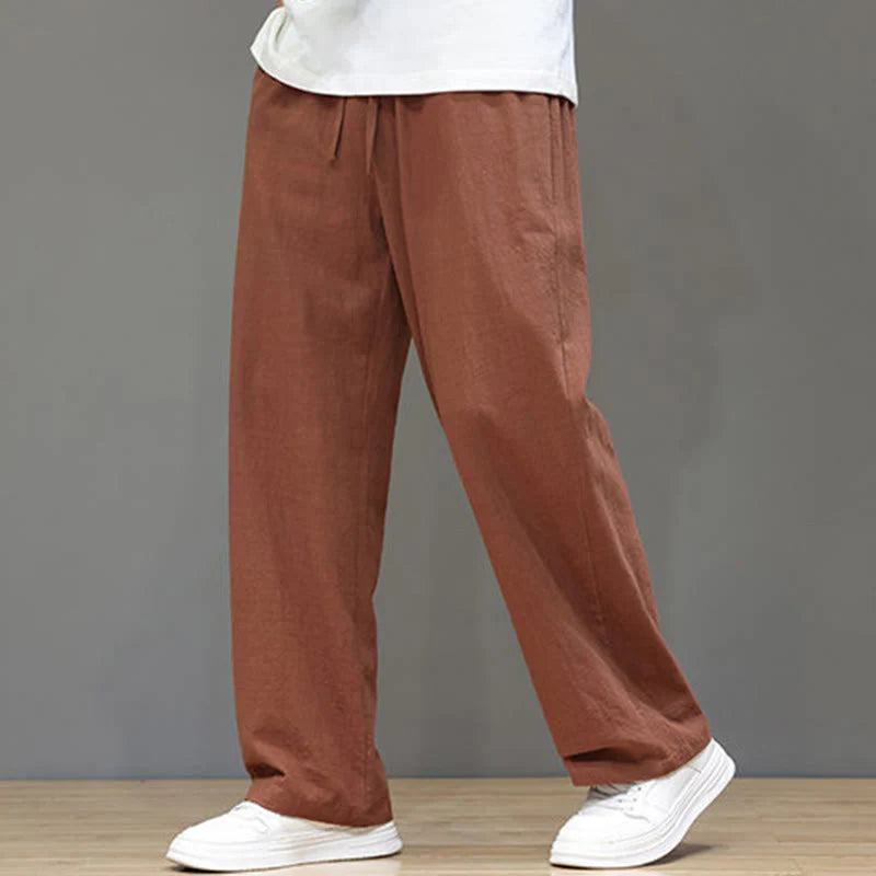 Buddha Stones Summer Men's Cotton Linen Straight Leg Pants With Pockets