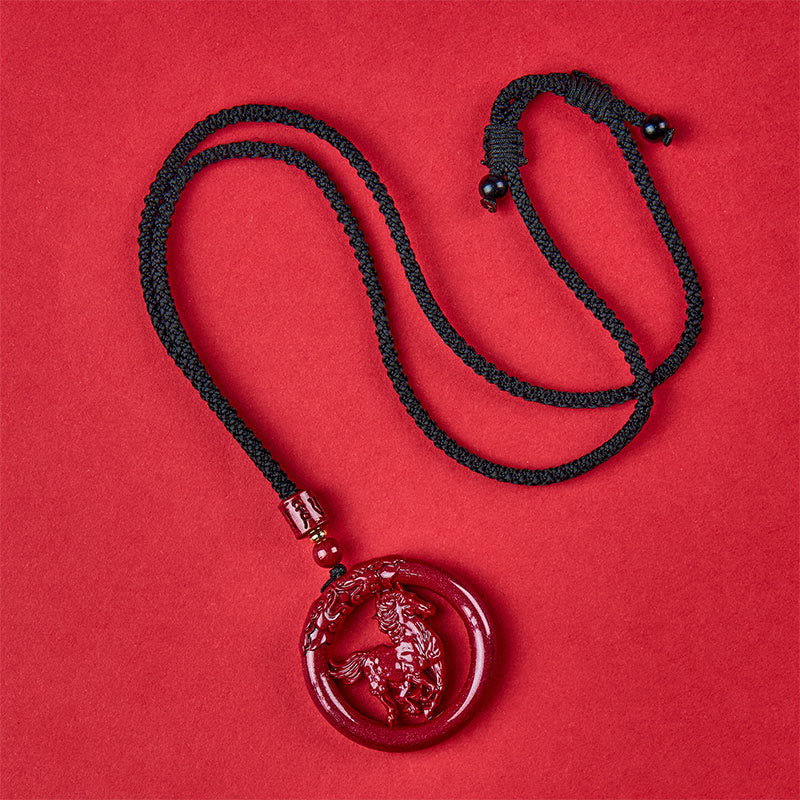 Buddha Stones Year Of The Horse Carving Peace Buckle Natural Cinnabar Concentration Necklace Pendant