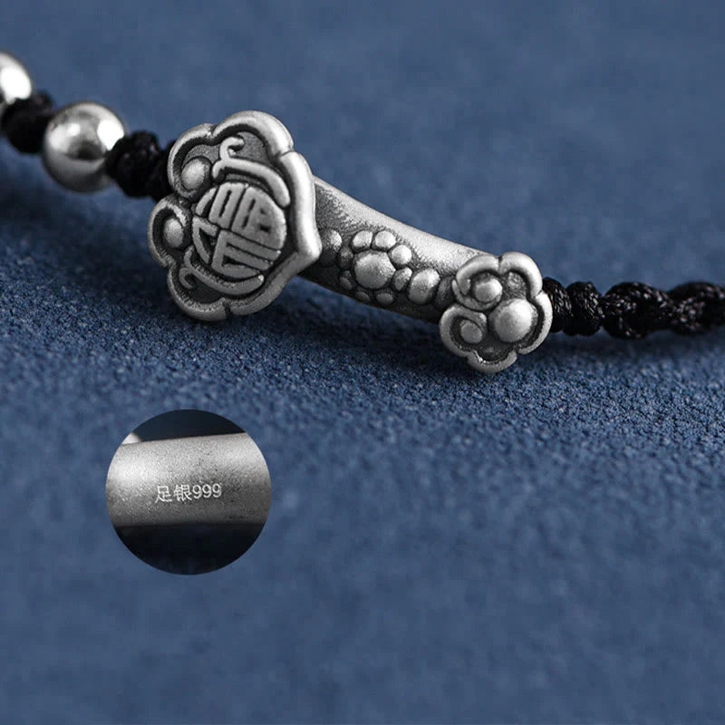 Buddha Stones Handmade 999 Sterling Silver Fu Character Wish Ruyi Handle Fortune Rope Bracelet Anklet