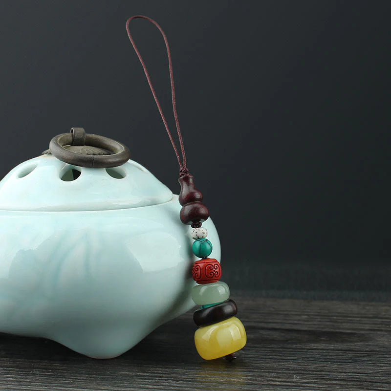 Buddha Stones Green Sandalwood Ebony Wood Gourd Seven Layer Pagoda Positive Phone Hanging Decoration
