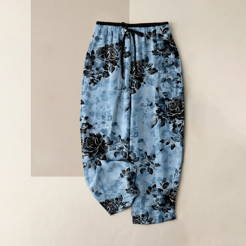 Buddha Stones Pure Cotton Rose Pattern Elastic Waist Drawstring Women's Pants With Pockets