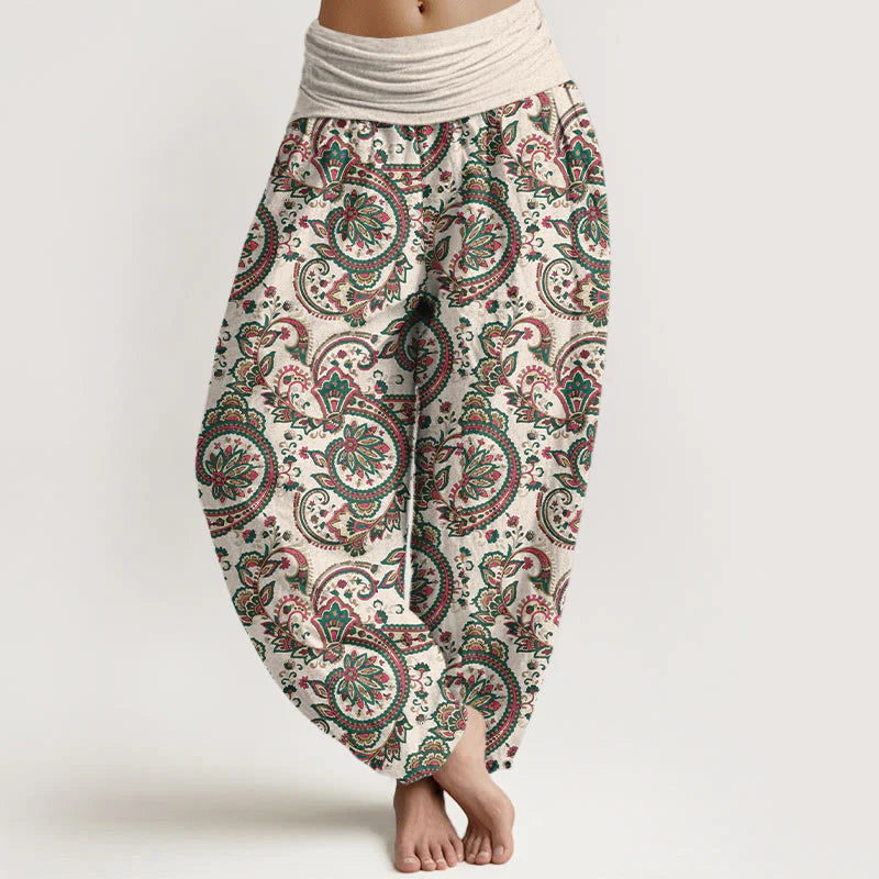 Buddha Stones Cotton Retro Complex Flowers Leaves Vine Pattern Women's Elastic Waist Harem Pants