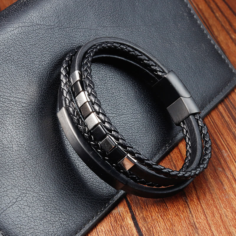 Buddha Stones Square Titanium Steel Leather Multi-layer Buckle Calm Bracelet