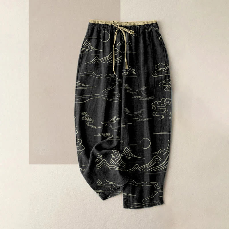 Buddha Stones Cotton Casual Mountain Moon Auspicious Clouds Pattern Women's Elastic Waist Pants With Pockets