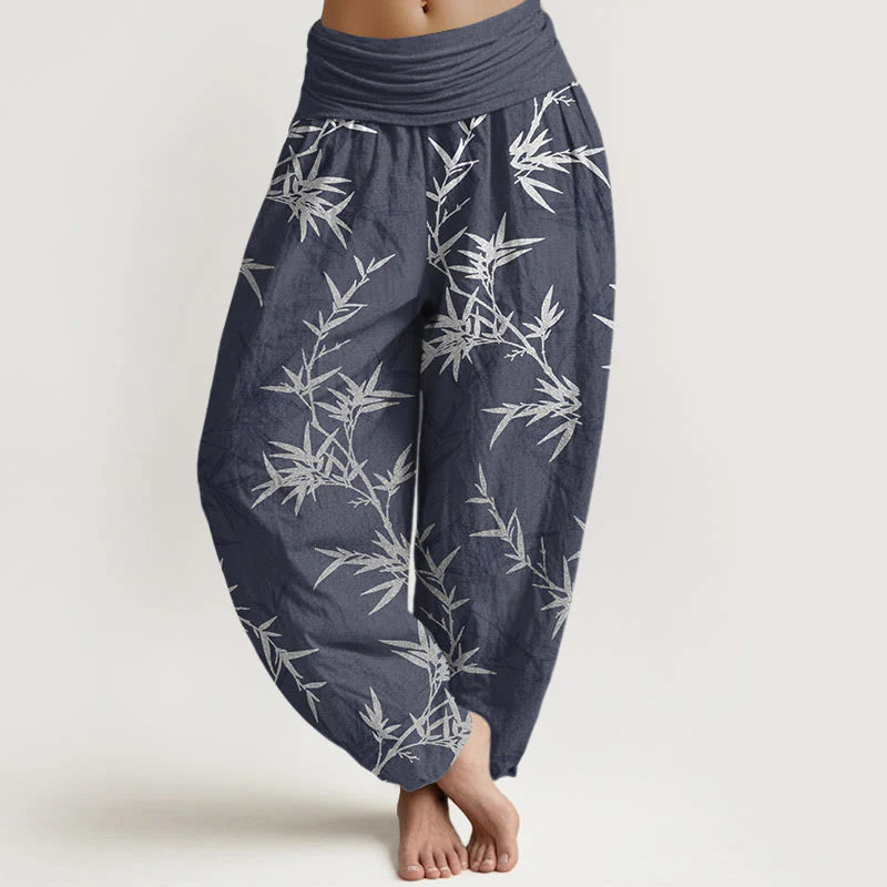 Buddha Stones Pure Cotton White Bamboo Leaves Women's Elastic Waist Harem Pants