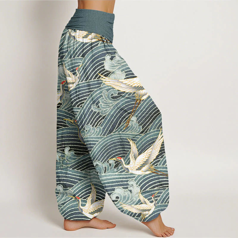 Buddha Stones Cotton Casual Crane Ocean Waves Pattern Elastic Waist Women's Harem Pants