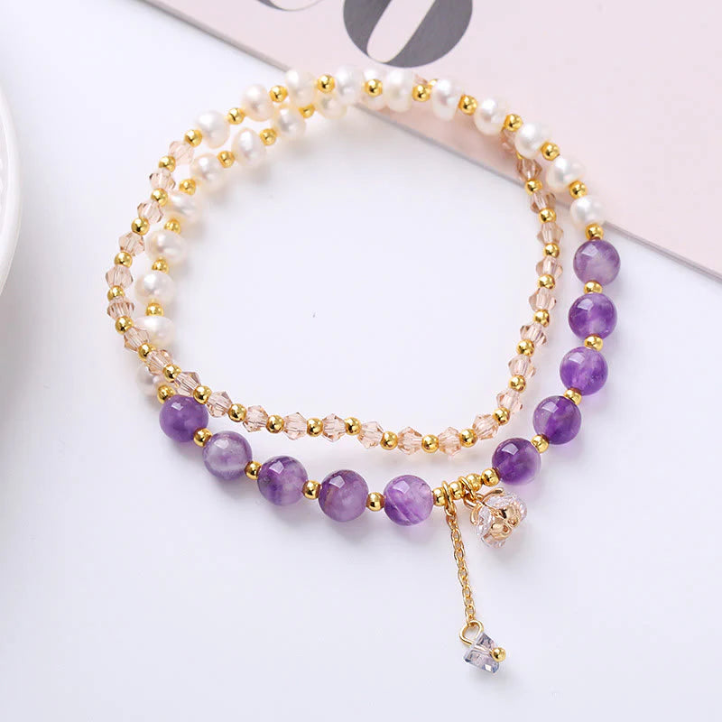 Buddha Stones Natural Amethyst Aquamarine Strawberry Quartz Pearl Peace Healing Double Wrap Bracelet