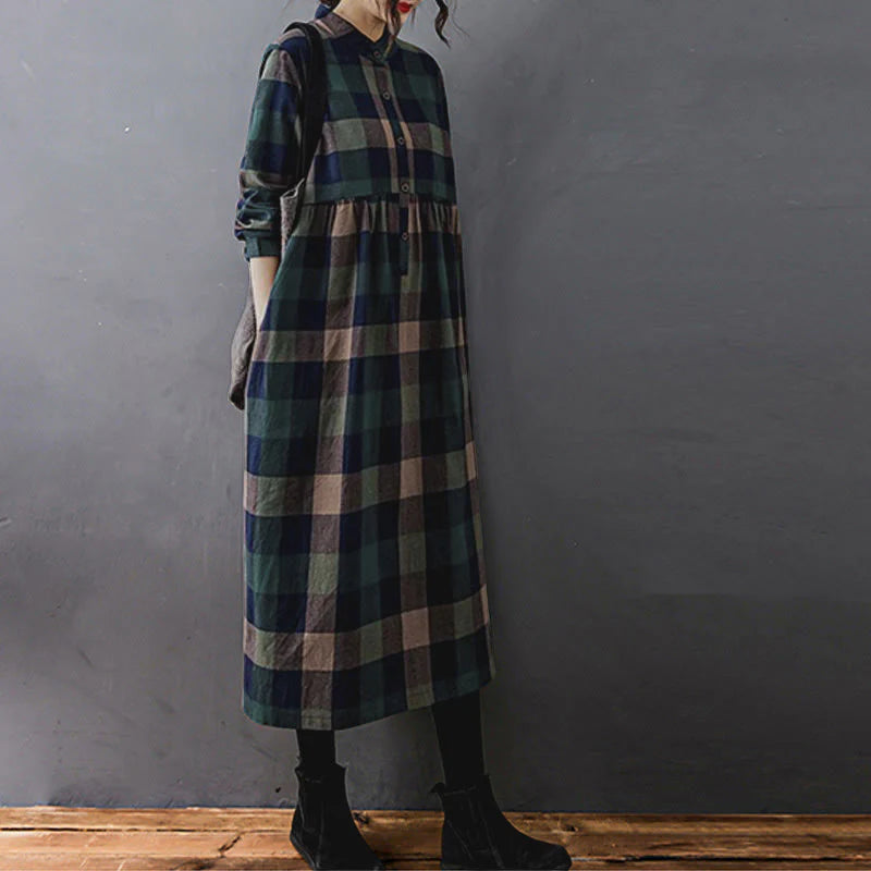 Buddha Stones Commute Patchwork Color Plaid Long Sleeve Cotton Midi Dress