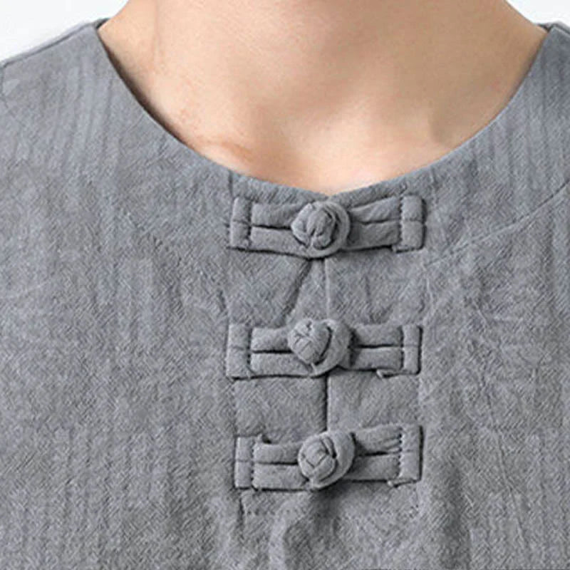Buddha Stones Summer Flowers Grass Pattern Tang Suit Men's Frog-Button Half Sleeve Cotton Shirt