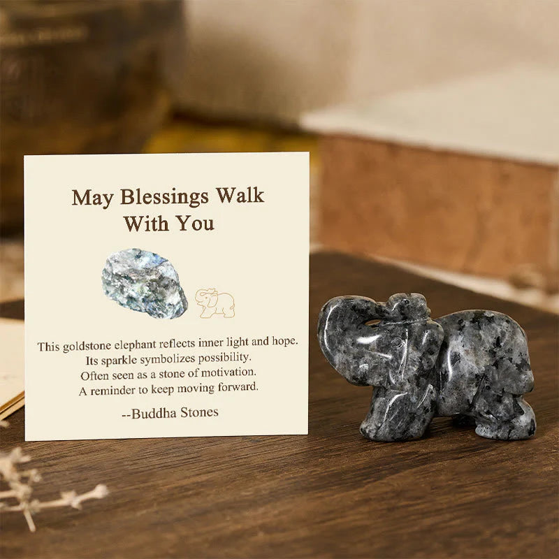 Buddha Stones ''May Blessings Walk With You'' Natural Small Elephant Amazonite Amethyst Jade Black Obsidian Stone Decoration Includes Gift Message Card