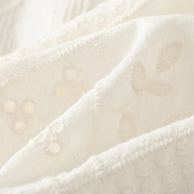 Buddha Stones Casual Embroidery Hollow Cotton Polyester Half Sleeve Women's Crew Neck Shirt