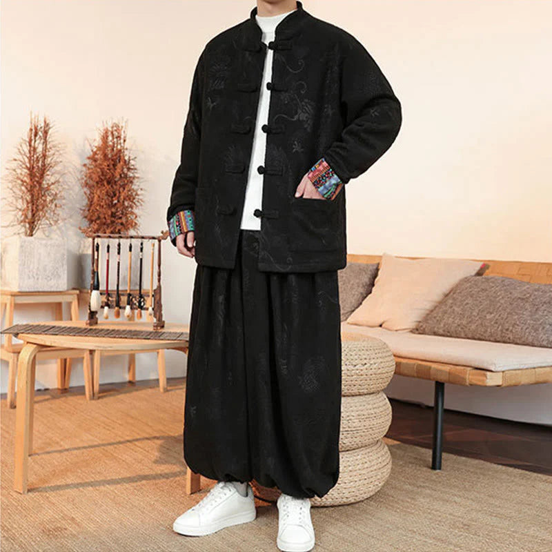 Buddha Stones 2Pcs Fall Winter Men's Tang Suit Dragon Frog-Button Cotton Long Sleeve Jacket Pants Set