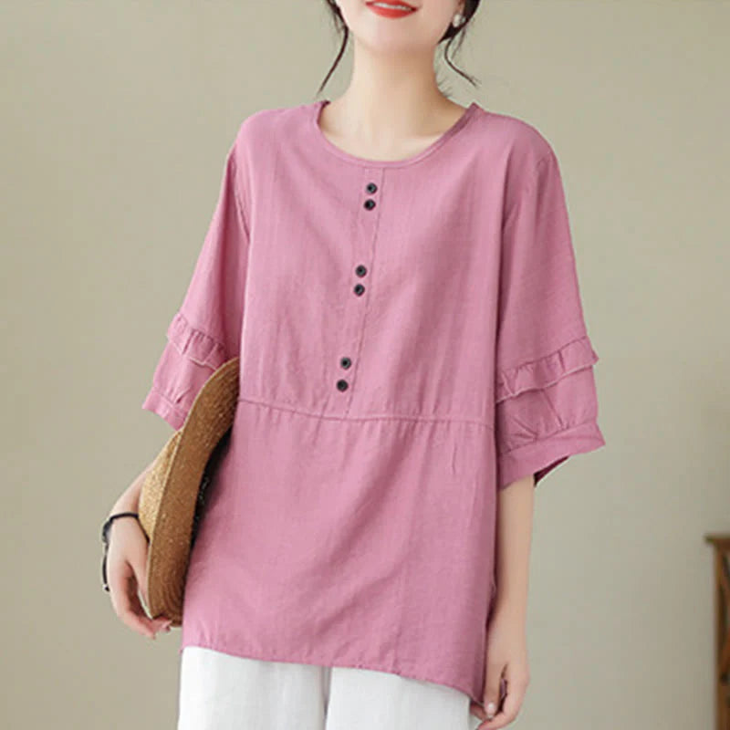 Buddha Stones Casual Summer Plain Crew Neck Women's Polyester Short Sleeve T-shirt