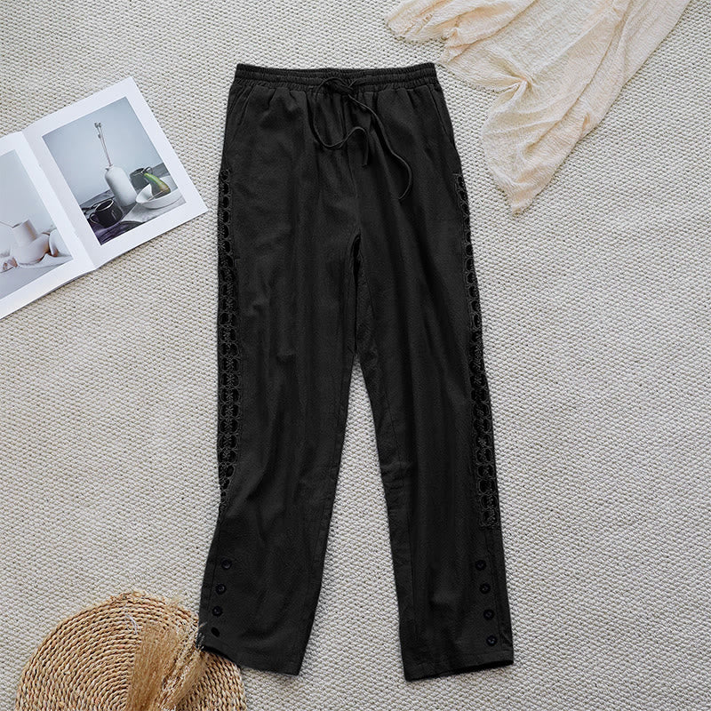 Buddha Stones Summer Plain Color Splicing Design Cotton Linen Women's Pants With Pockets