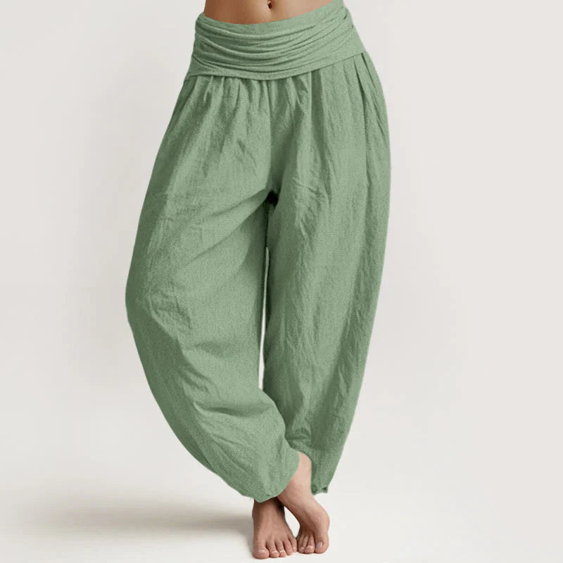 Buddha Stones Cotton Green Solid Color Women's Elastic Waist Harem Pants