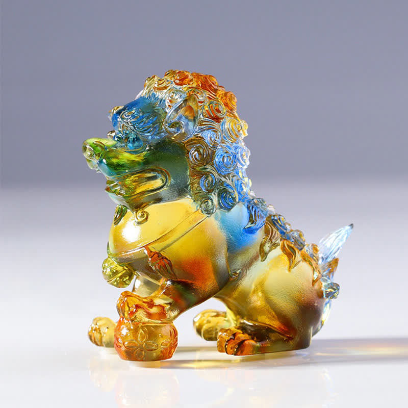Buddha Stones Handmade Liuli Crystal Lion Art Piece Strength Home Office Decoration