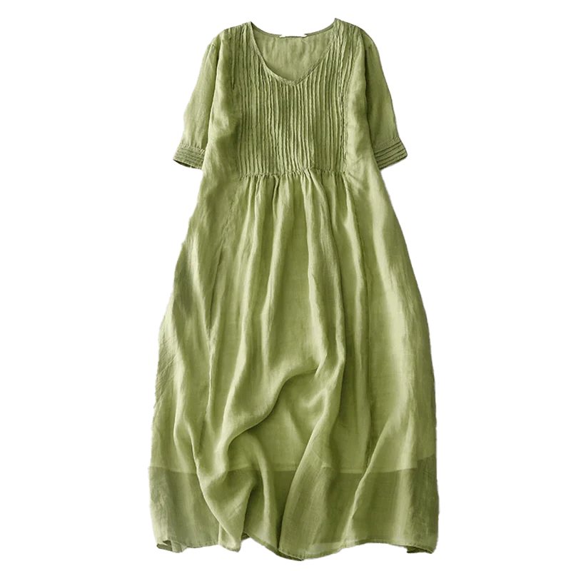 Buddha Stones Casual Accordion Pleat Plain V-neck Short Sleeve Cotton Midi Dress With Pockets