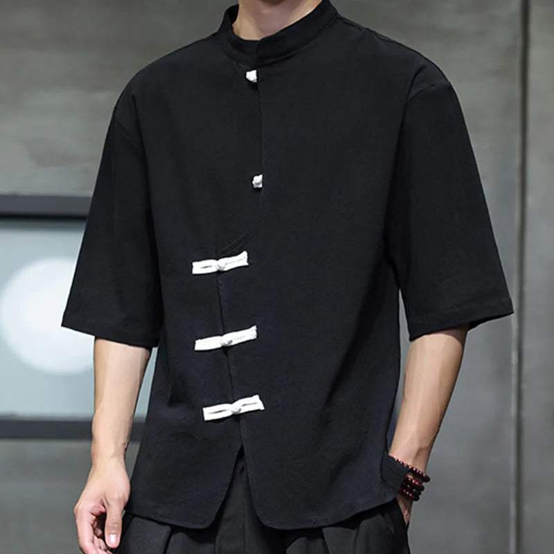 Buddha Stones Plain Chinese Frog-Button Stand Collar Cotton Linen Men's Half Sleeve Shirt