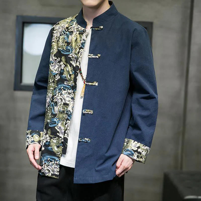 Buddha Stones Printed Color Contrast Dragon Pattern Frog-button Long Sleeve Men's Cotton Jacket