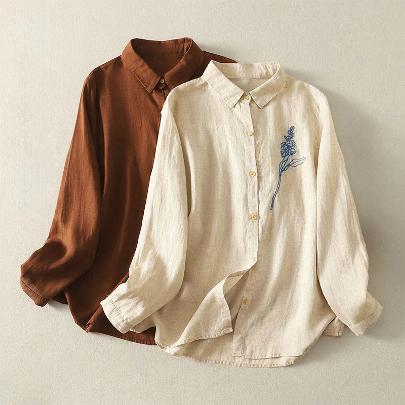 Buddha Stones Spring Embroidered Flower Long Sleeve Women's Buttons Shirt