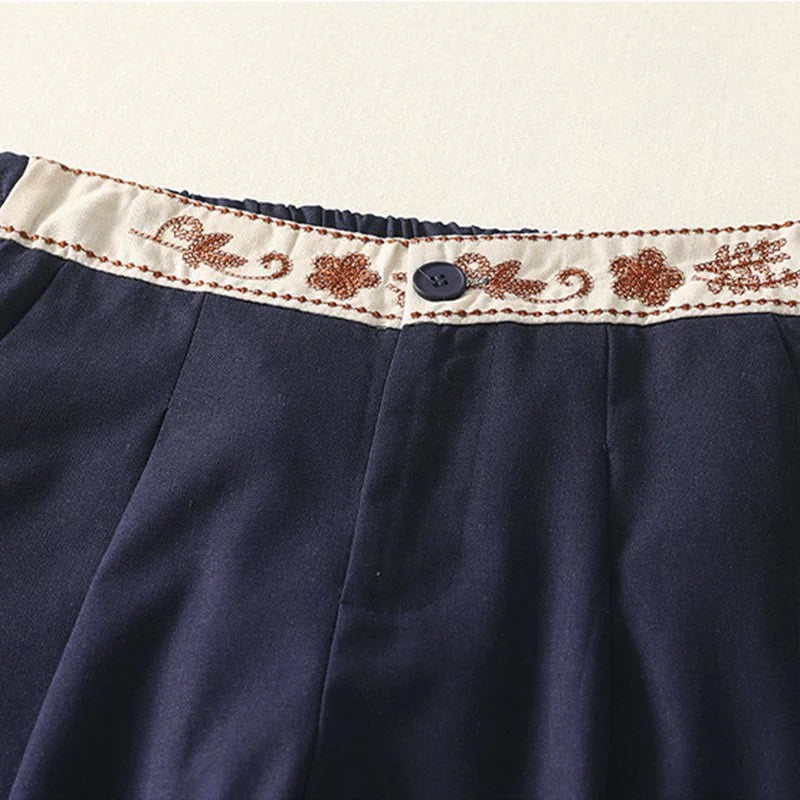 Buddha Stones Women's Embroidery Elastic Waistband Zipper Design Cotton Wide Leg Pants With Pockets