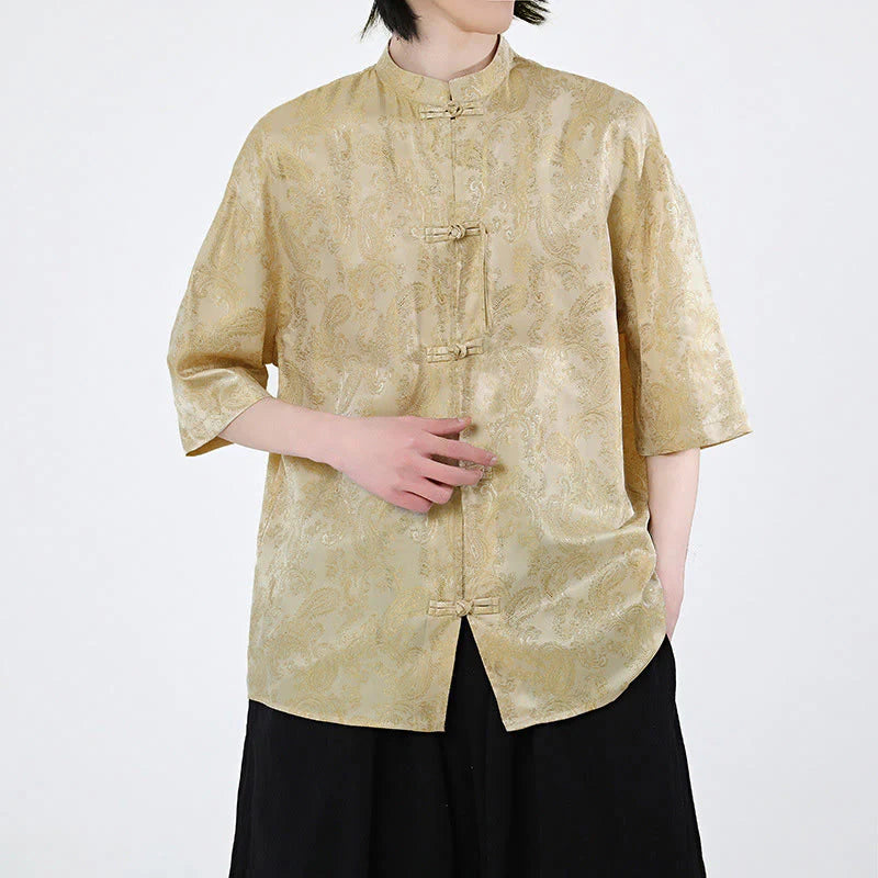 Buddha Stones Summer Frog-Button Half Sleeve Vine Leaf Flower Pattern Men's Shirt