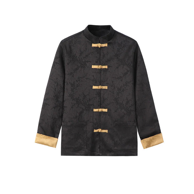 Buddha Stones Jacquard Stand Collar Long Sleeve Men's Cotton Jacket With Pockets