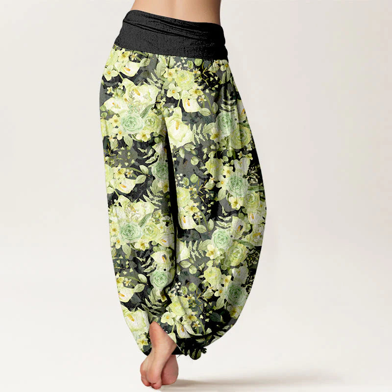Buddha Stones Cotton Pastoral Flower Pattern Women's Elastic Waist Harem Pants