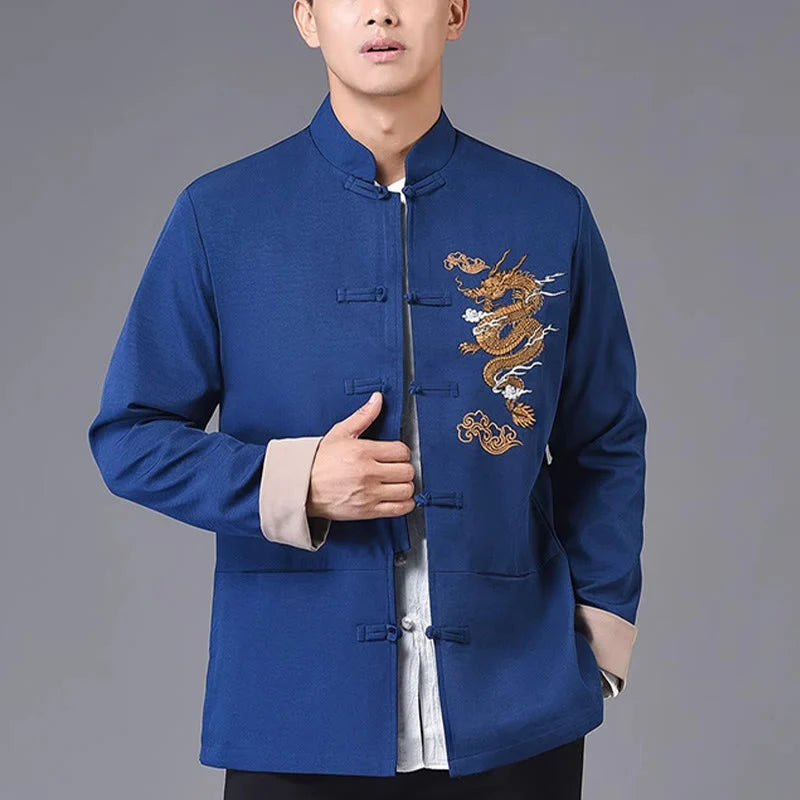 Buddha Stones Embroidery Dragon Frog-Button Desgin Long Sleeve Men's Jacket