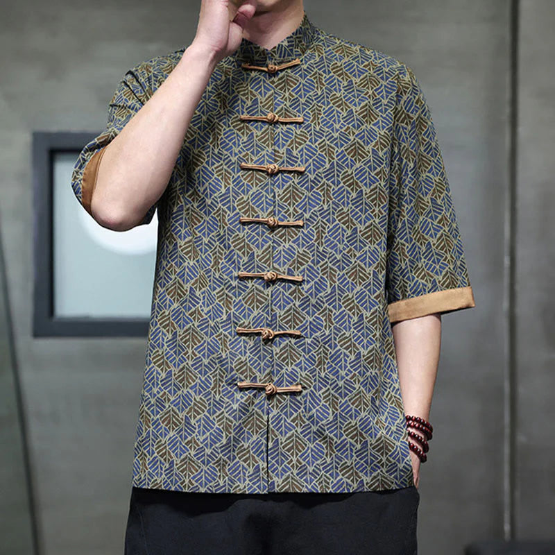 Buddha Stones Summer Colorful Floral Leaves Pattern Short Sleeve Frog-button Design Men's Cotton Shirt