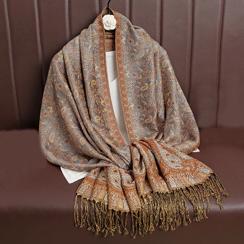 Buddha Stones Tibetan Jacquard Paisley Flower Pattern Color Contrast Design Tassel Cozy Scarf Shawl