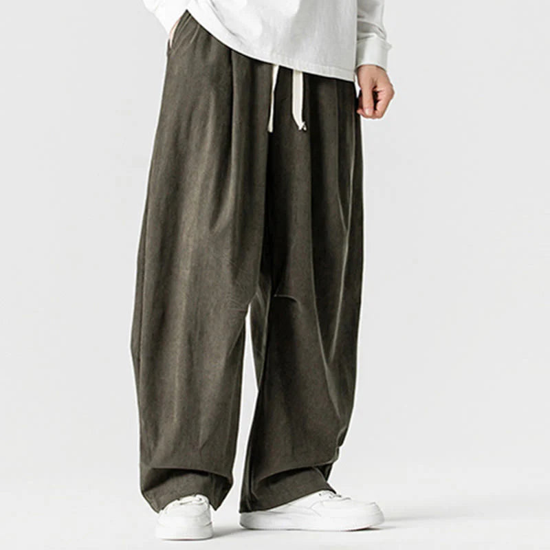 Buddha Stones Winter Drawstring Corduroy Cotton Men's Wide Leg Pants With Pockets