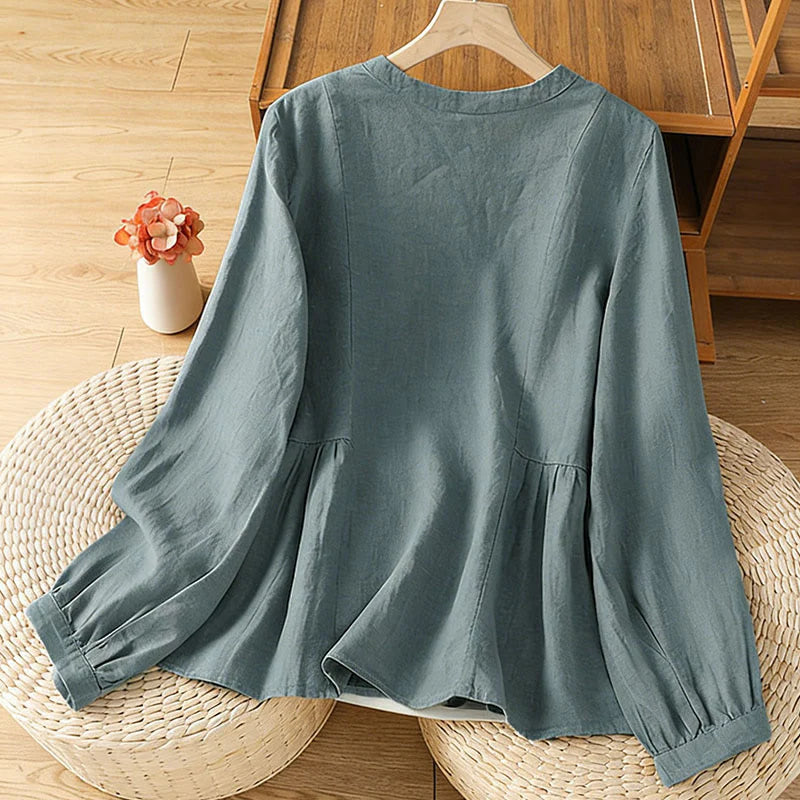 Buddha Stones Fall Commute Patchwork Plain Design Long Sleeve Women's Cotton Buttons Shirt