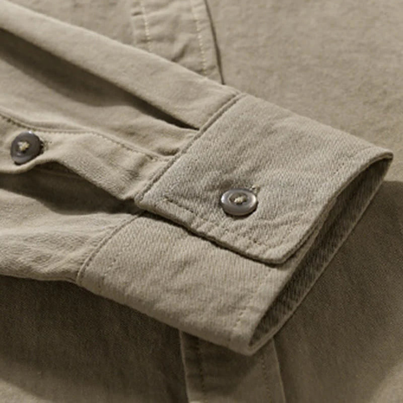 Buddha Stones Casual Solid Buttons Down Decorative Pocket Men's Stand Collar Long Sleeve Cotton Shirt