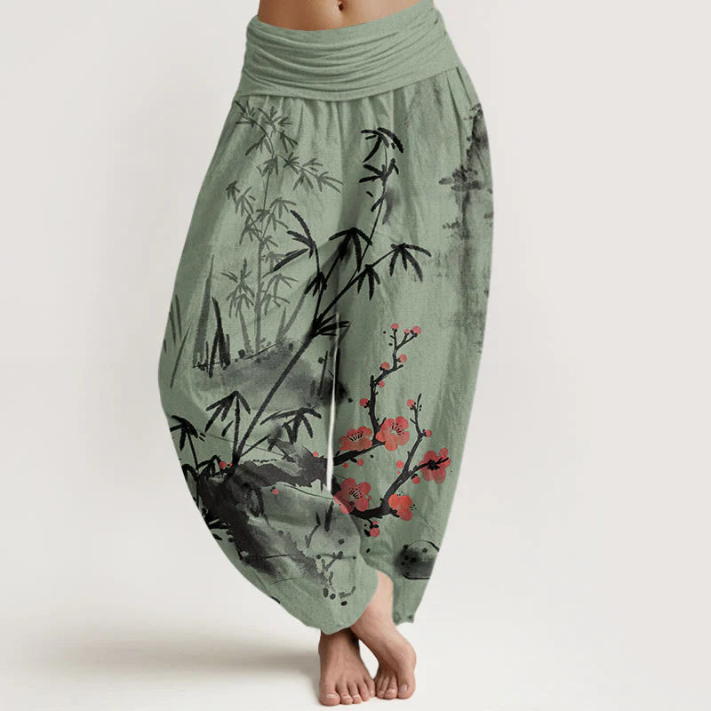 Buddha Stones Cotton Plum Blossoms Bamboo Orchids Chrysanthemums Pattern Women's Elastic Waist Harem Pants