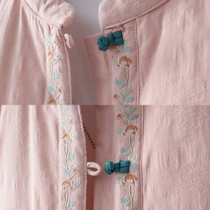Buddha Stones Winter Frog-Button Embroidery Flowers Vines Open Front Cotton Long Sleeve Women's Thermal Jacket