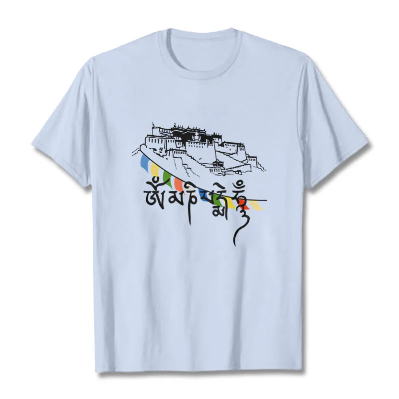 Buddha Stones Potala Palace Om Mani Padme Hum Prayer Flags Cotton Tee T-shirt