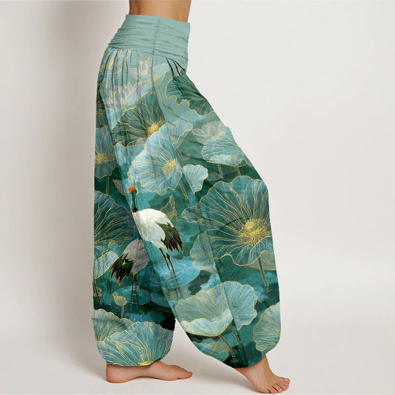Buddha Stones Pure Cotton Elegant Crane Lotus Flower Leaf Pattern Women's Elastic Waist Harem Pants