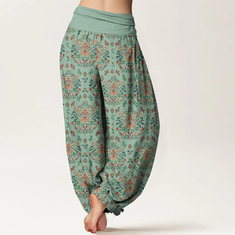 Buddha Stones Pure Cotton Retro Symmetrical Flower Leaf Pattern Women's Elastic Waist Harem Pants