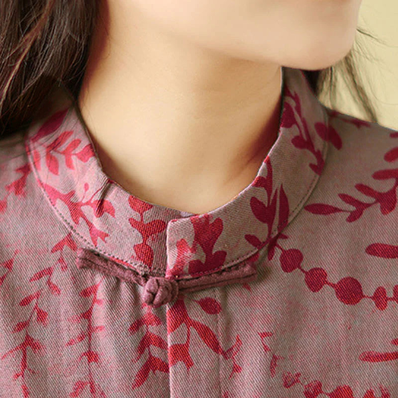 Buddha Stones Frog-button Vine Leaves Women's Coat With Pockets