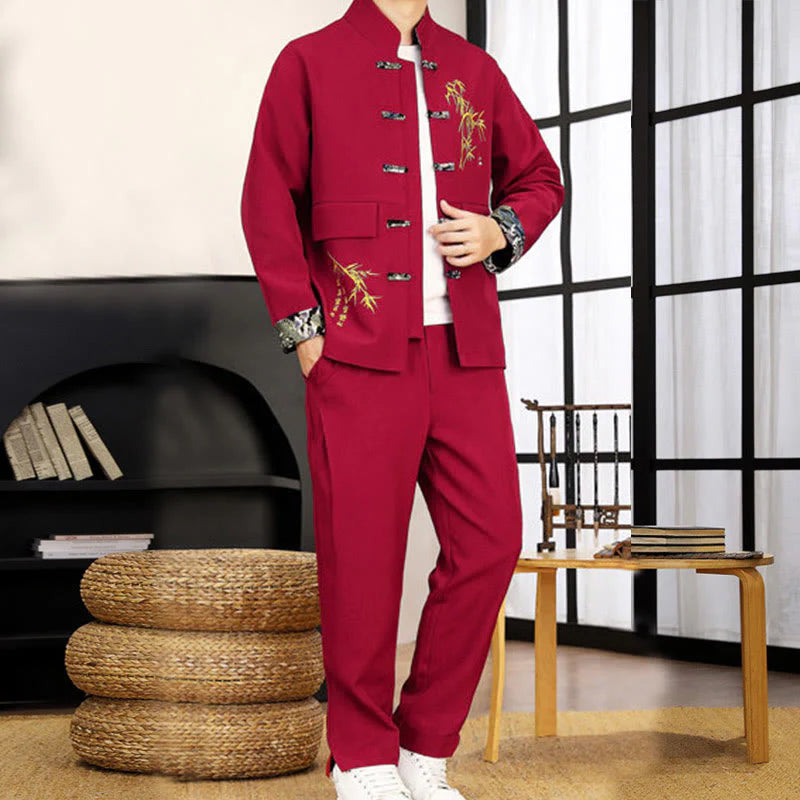 Buddha Stones 2Pcs Tang Suit Bamboo Frog-Button Men's Long Sleeve Shirt Pants Clothing Set