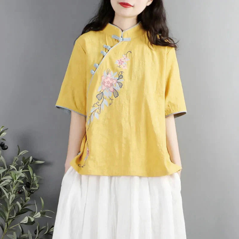 Buddha Stones Summer Flower Embroidery Half Sleeve Frog-Button Mandarin Collar Cotton Linen Women's Shirt
