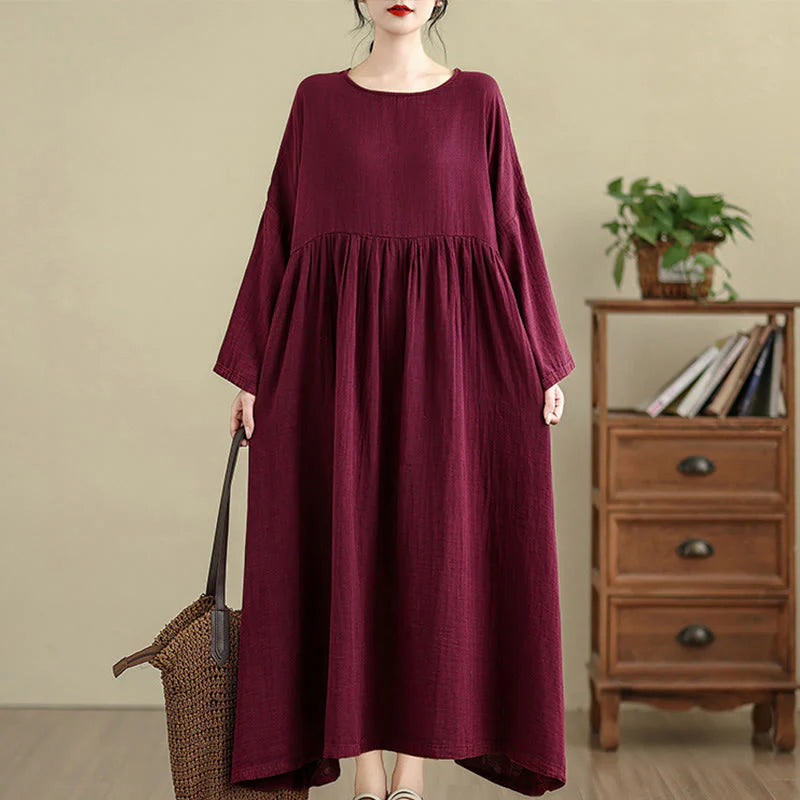 Buddha Stones Commute Pure Color Long Sleeve Cotton Linen Midi Dress With Pockets