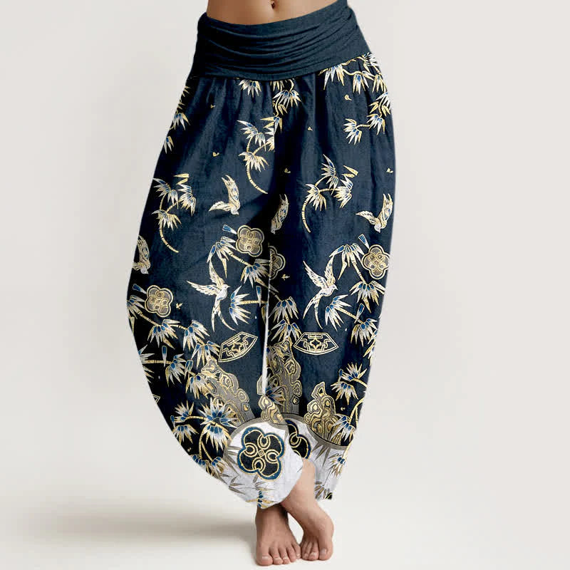 Buddha Stones Bird Bamboo Pattern Cotton Women's Harem High Elastic Waist Pants