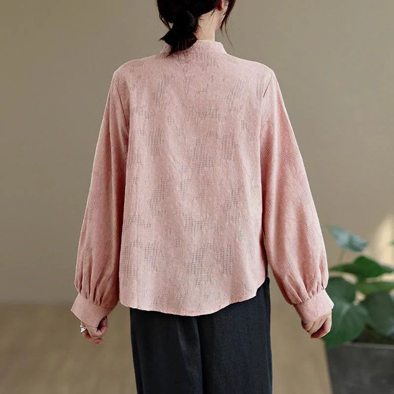 Buddha Stones Spring Traditional Floral Frog-Button Stand Collar Long Sleeve Women's Cotton Shirt