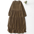 Buddha Stones Button Design Corduroy Peter Pan Collar Long Sleeve Midi Dress With Pockets