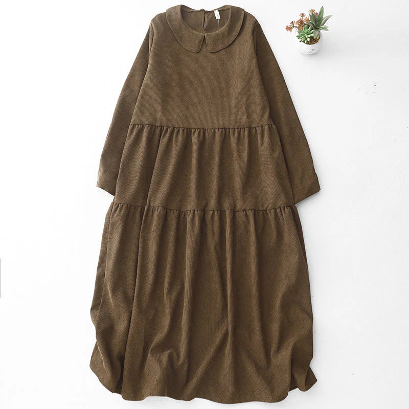 Buddha Stones Button Design Corduroy Peter Pan Collar Long Sleeve Midi Dress With Pockets